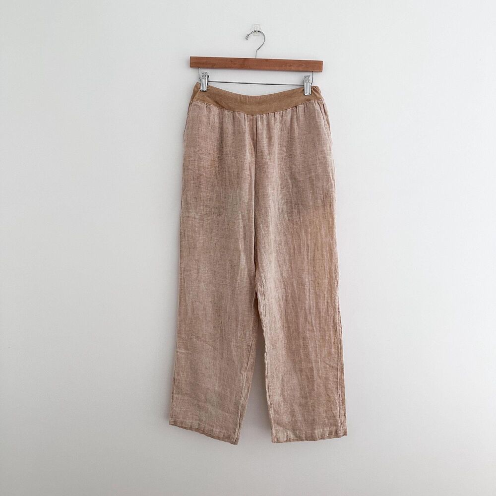 Tempo Paris 100% Linen Pants Pull On Relaxed Wide Leg Camel Brown Size Small
